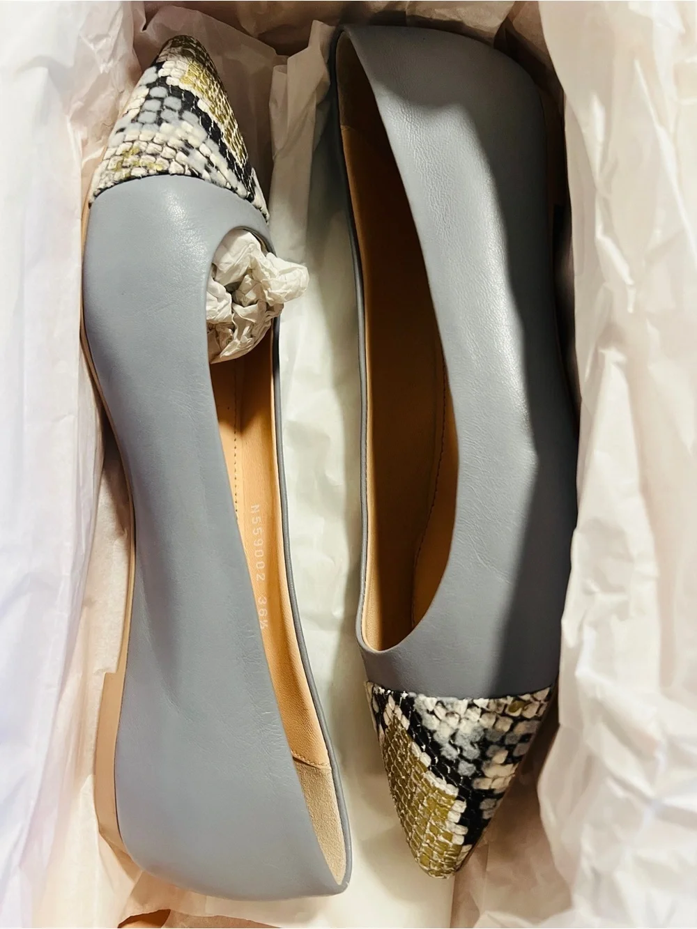 NIB AGL Mila Ballet Pointed Toe Flats with Snakeskin Accent - Size 36.5/6.5US
